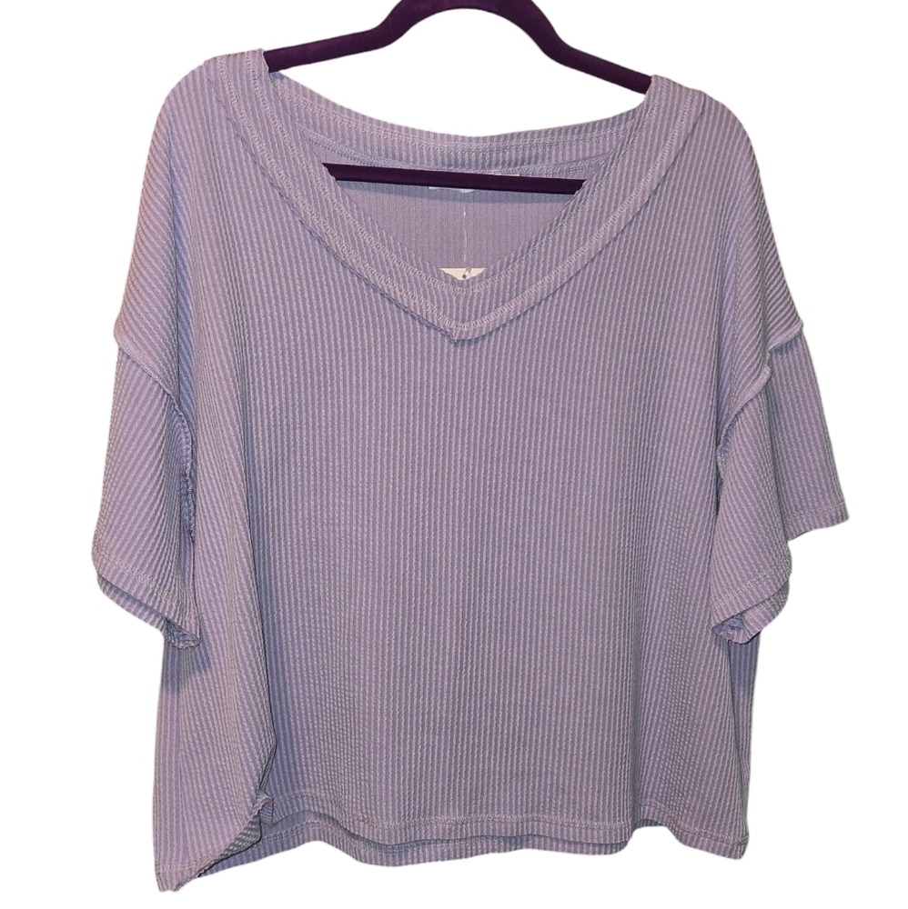 Lush Short Sleeve V-Neck Ribbed Top Shirt Sz X-Large Lilac Purple NEW